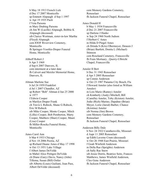 Area Obituaries 2005 - 2007 (.pdf) - Jasper County, Indiana