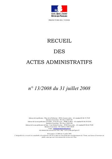 Recueil nÂ°13 du 31 juillet 2008 - PrÃ©fecture de l'Yonne