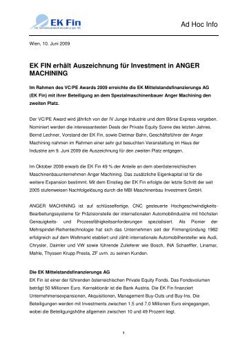 EK Fin erhÃ¤lt Auszeichnung fÃ¼r Investment in Anger Machining