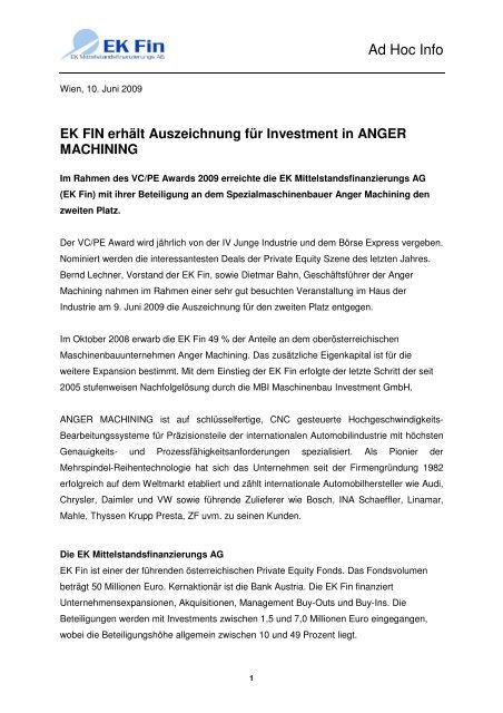 EK Fin erhÃ¤lt Auszeichnung fÃ¼r Investment in Anger Machining