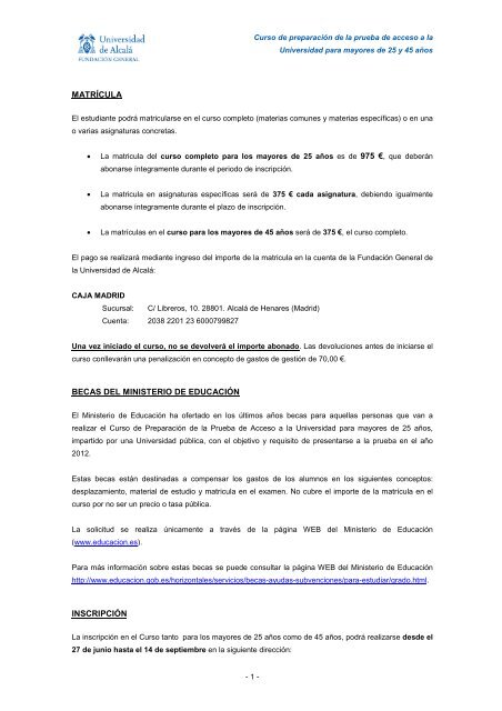 Matricula e inscripcion Mayores 25 - 45 aÃ±os Curso 2011-12