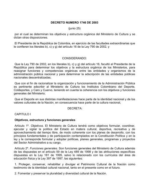 Ver Decreto 1746 de 2003 - Museo Nacional