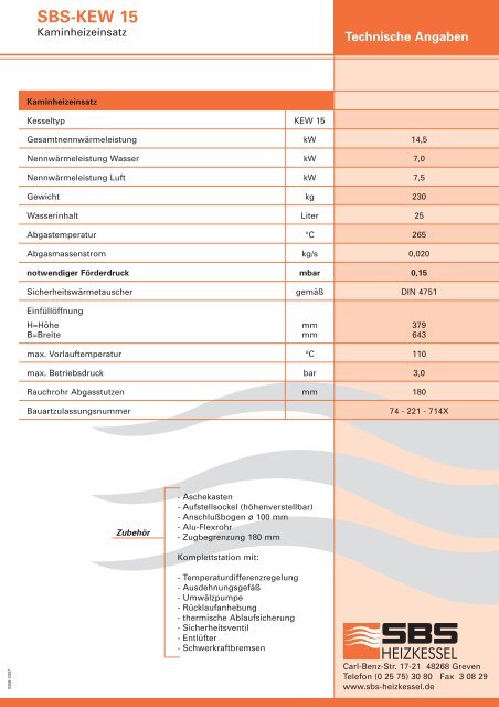 Technische Angaben SBS-KEW 15 - SBS Heizkessel