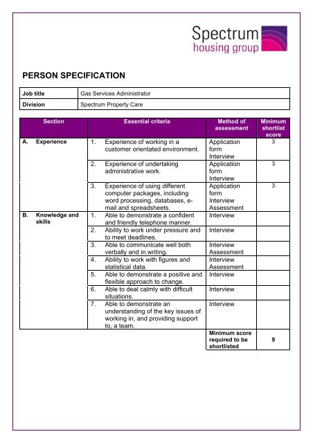 Job Description and Person Specification - Spectrum Housing Group