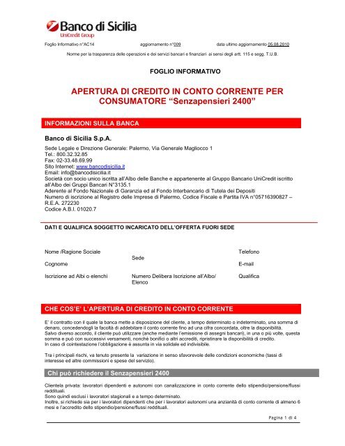 Apertura Di Credito In Conto Corrente Per Unicredit