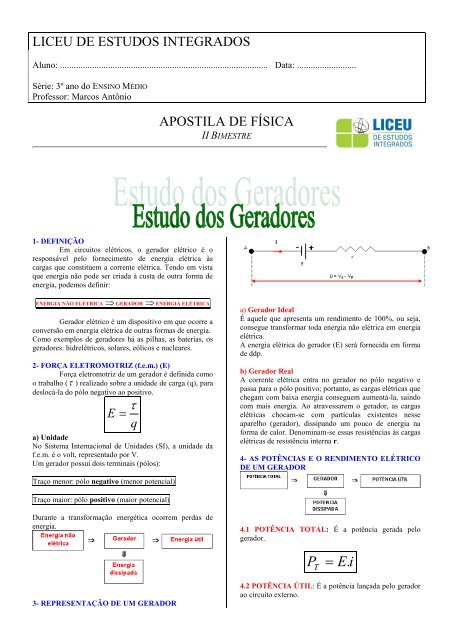 Estudo dos Geradores - Liceu de Estudos Integrados