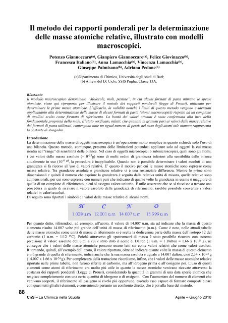 metodo per il calcolo delle masse atomiche e verifica sperimentale ...