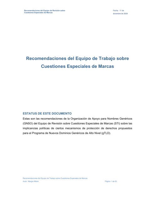 Recomendaciones del Equipo de Trabajo sobre ... - GNSO - icann