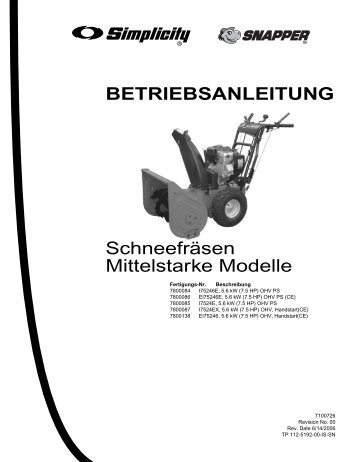 BETRIEBSANLEITUNG Schneefräsen Mittelstarke Modelle - Tam AG