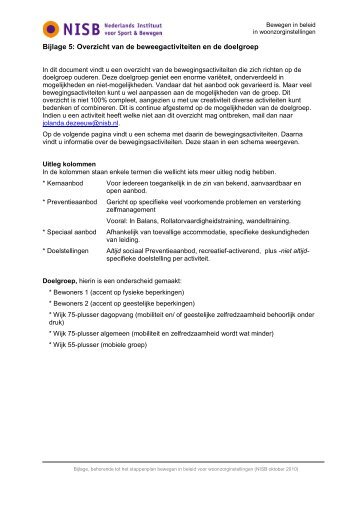Bijlage 5 Overzicht van de beweegactiviteiten en de doelgroep - NISB