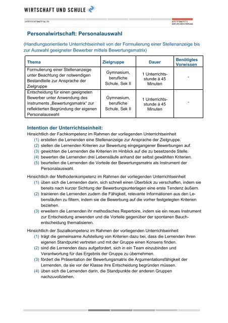 Personalwirtschaft: Personalauswahl - Wirtschaft und Schule