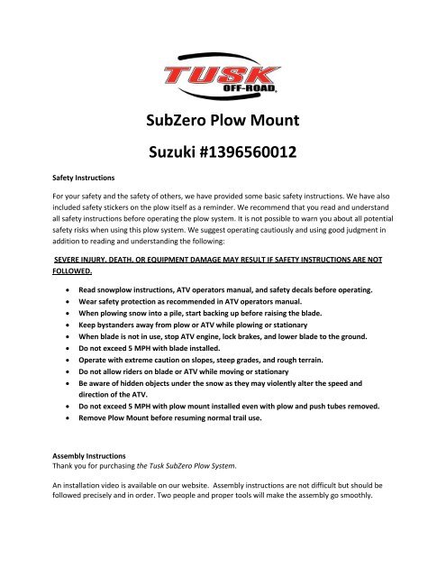 SubZero Plow Mount Suzuki #1396560012 - Rocky Mountain ATV/MC