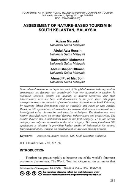 assessment of nature-based tourism in south kelantan, malaysia