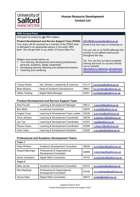 Human Resource Development Contact List - Human Resources