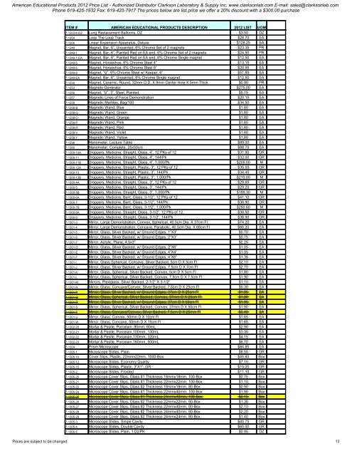 American Educational Products 2012 Price List - Clarkson ...