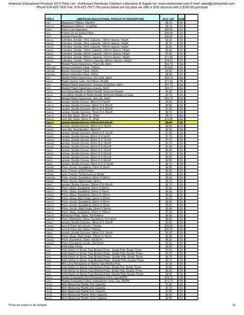 American Educational Products 2012 Price List - Clarkson ...