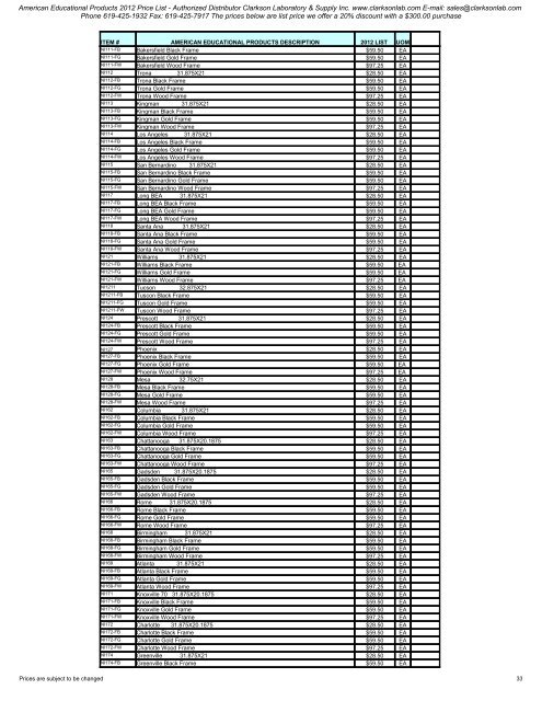 American Educational Products 2012 Price List - Clarkson ...