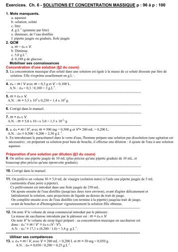 Exercices corrigÃ©s. Ch6.Solutions et concentration massique.