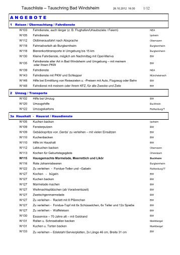 Tauschliste â€“ Tauschring Bad Windsheim A N G E B O T E