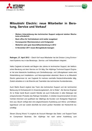 Mitsubishi Electric: neue Mitarbeiter in Bera- tung, Service und Verkauf