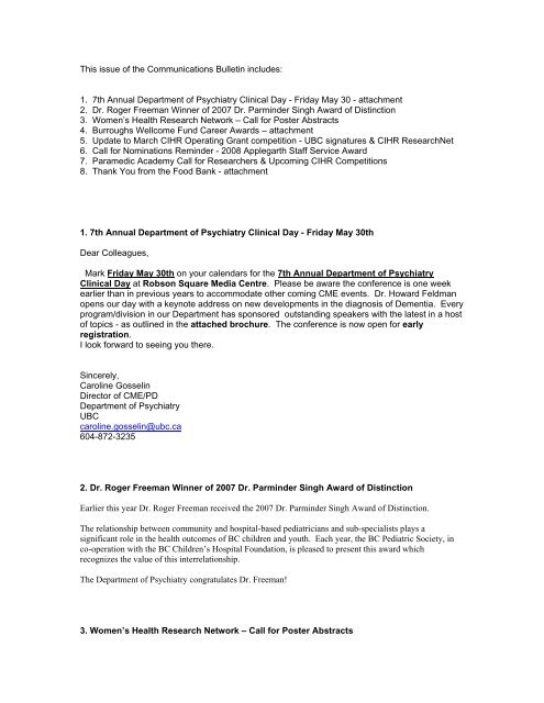 General Communications Bulletin - Psychiatry - University of British ...