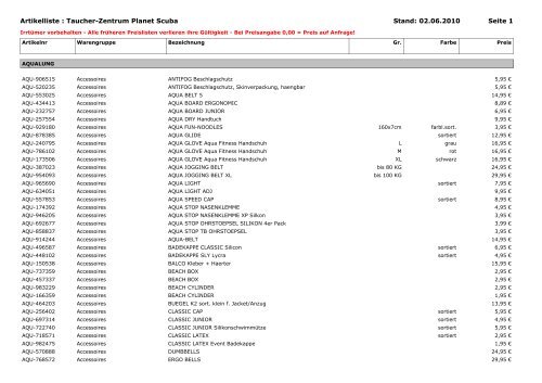 Stand: 02.06.2010 Artikelliste : Taucher-Zentrum Planet Scuba Seite 1