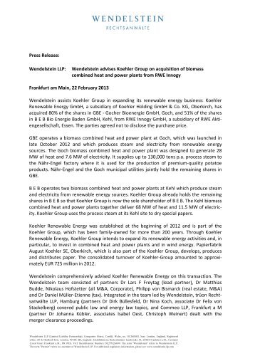 Press Release: Wendelstein LLP: Wendelstein advises Koehler ...