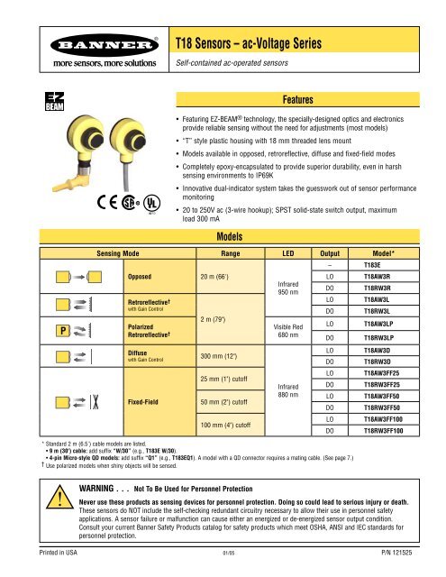 T18 Sensors A A A Ac Voltage Series Banner Engineering