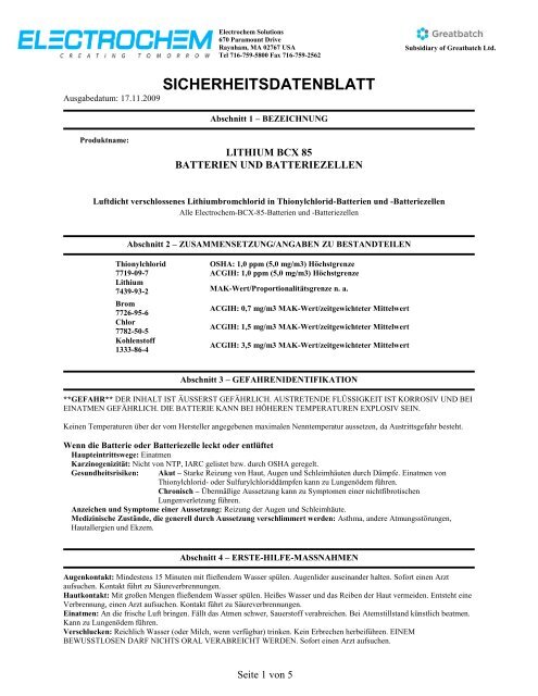 SICHERHEITSDATENBLATT - Electrochem Solutions