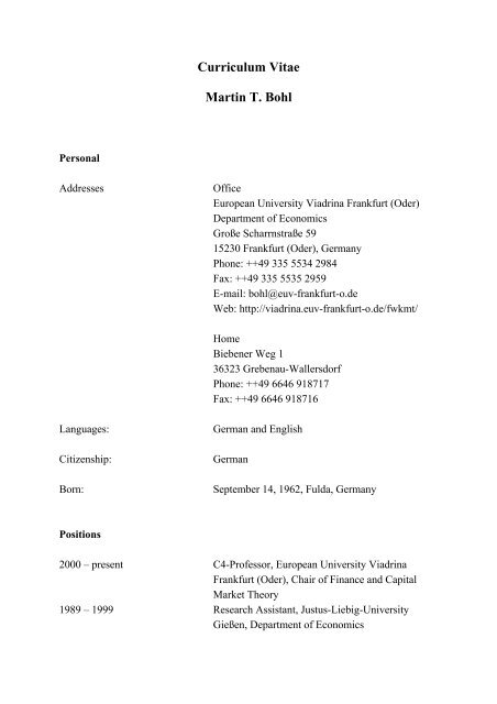 Curriculum Vitae Martin T. Bohl - Trinity College Dublin