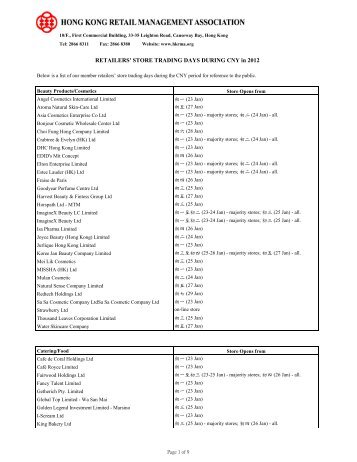 STORE TRADING DAYS DURING CNY in 2012 - Hong Kong Retail ...