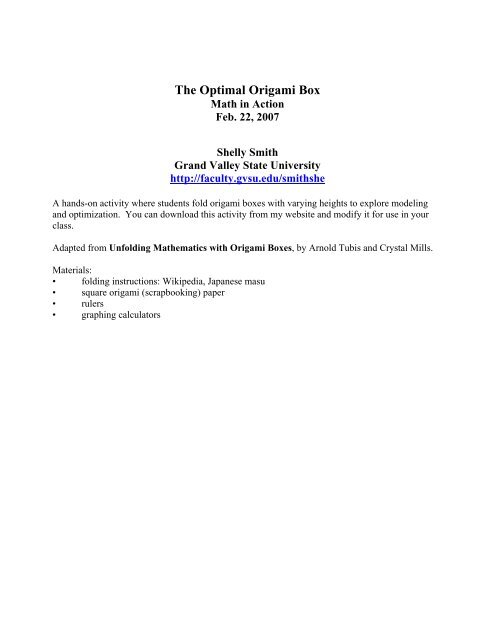 The Optimal Origami Box Gvsu Grand Valley State University