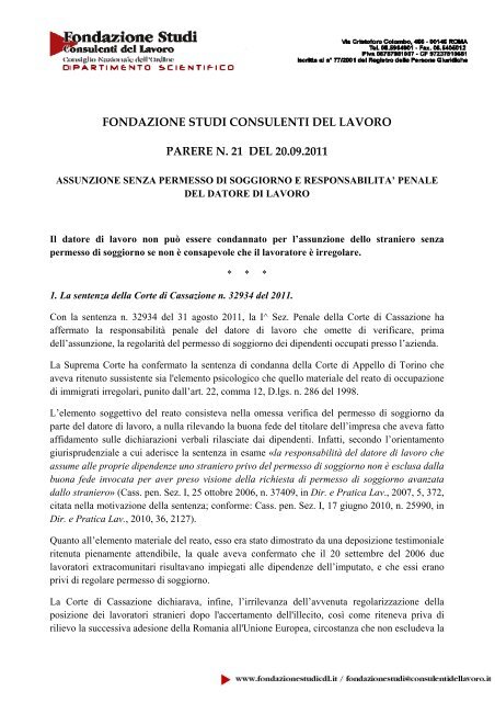 fondazione studi consulenti del lavoro parere n ... - Stranieri in Italia