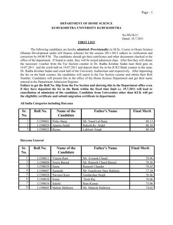 Sr. No. Roll No. Name of the Candidate Father's Name Final Merit Sr ...