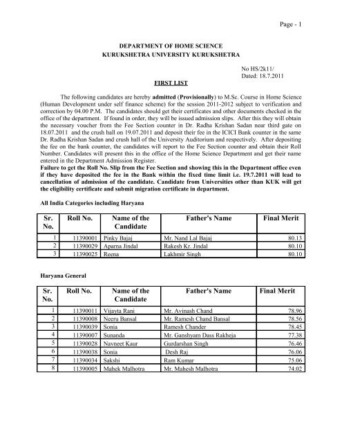 Sr. No. Roll No. Name of the Candidate Father's Name Final Merit Sr ...