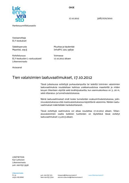 Tien valaisimien laatuvaatimukset, 17.10.2012 - Liikennevirasto