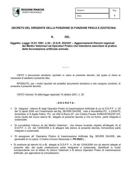 DECRETO DEL DIRIGENTE DELLA POSIZIONE DI FUNZIONE ...