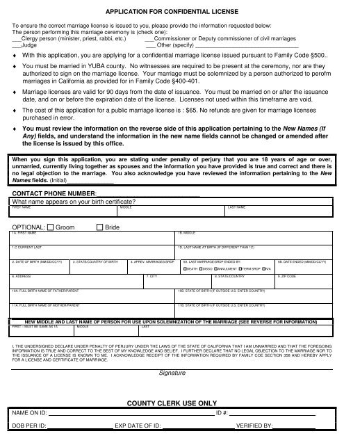 Application for Confidential Marriage License - Yuba County