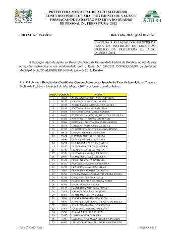 Edital nÂº 073/2012 - Resultado das isenÃ§Ãµes - FundaÃ§Ã£o Ajuri