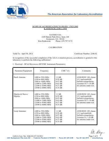 (A2LA Cert. No. 2246.02) 07/18/2011 Page 1 of 5 SCOPE ... - Satimo