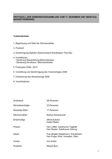 protokoll der gemeindeversammlung vom 17 - Holderbank SO