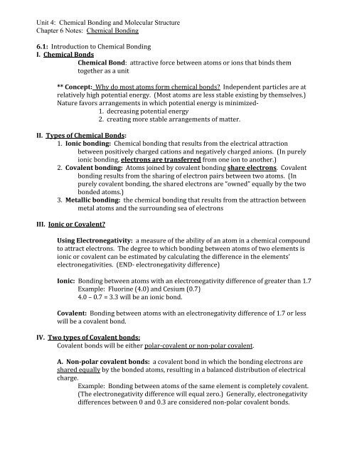 Unit 4: Chemical Bonding and Molecular Structure Chapter 6 Notes ...