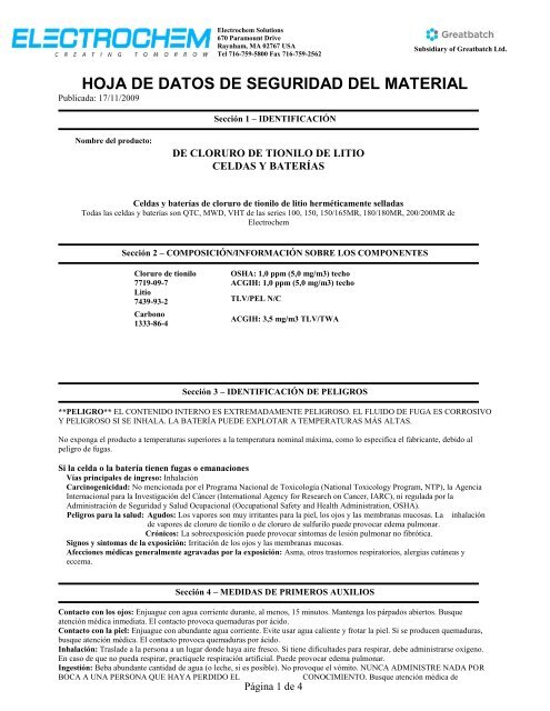 hoja de datos de seguridad del material - Electrochem Solutions