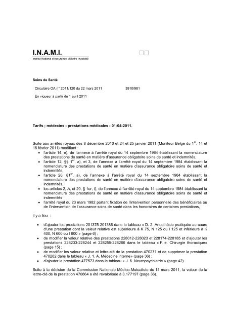 Tarifs des MÃ©decins - A partir du 01/04/2011 - Inami