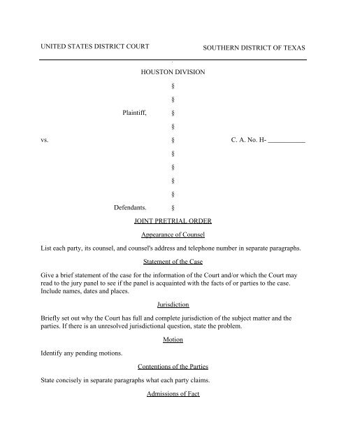 Joint Pretrial Order - Southern District of Texas