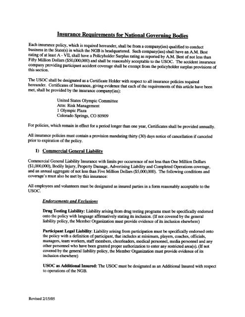 Insurance Requirements For Ngbs United States Olympic Committee