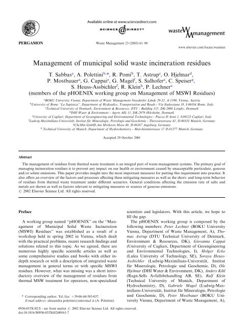 Management of municipal solid waste incineration residues - The Fu ...