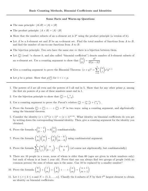 Basic Counting Methods Binomial Coefficients And Identities Some