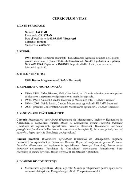 Cv Iacomi Cristian Pdf Universitatea De Stiinte Agronomice Si