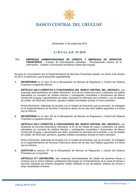 Circular 2070 Banco Central Del Uruguay